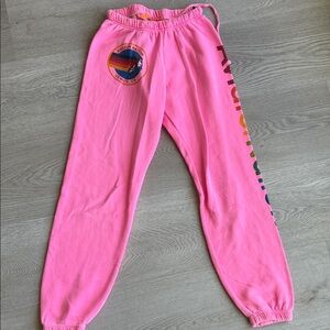 Aviator Nation Pink sweatpants with Rainbow Logo